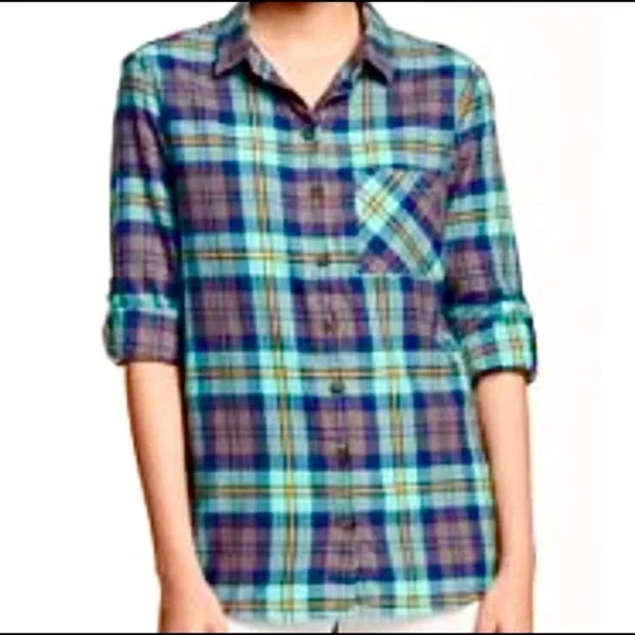 C & C California aqua & brown plaid flannel shirt XS - Picture 6 of 7